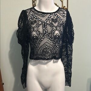 Zara Black Cropped Lace Blouse with Long Sleeves and Embellished Details